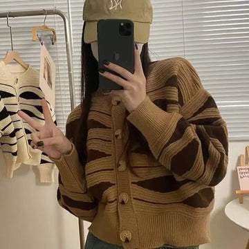 Stripe Sweater Women Cardigan 2023 Autumn Fashion Long Sleeve Knitted Cardigans Lazy Sweater Female Single Breasted Knit Coat